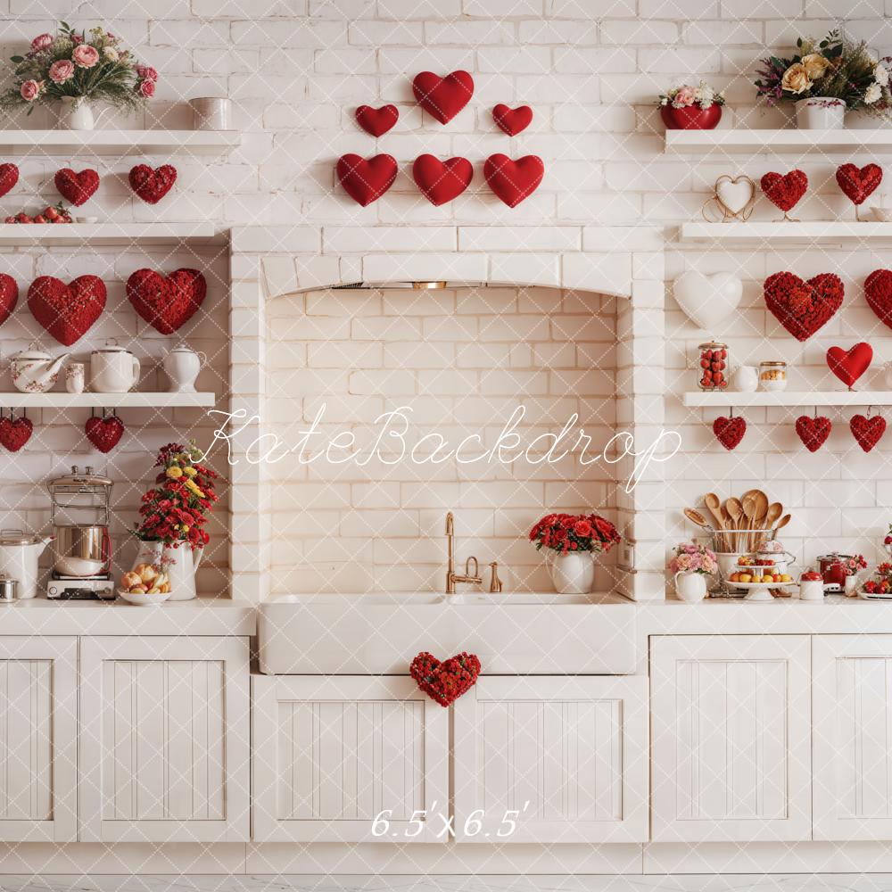 Kate Saint-Valentin Cuisine Armoires Mur de briques Toile de fond conçue par Emetselch - Kate Backdrop FR