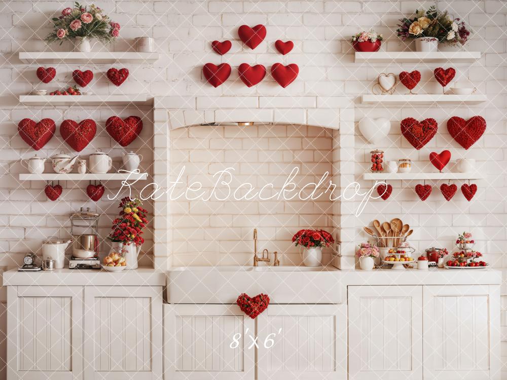 Kate Saint-Valentin Cuisine Armoires Mur de briques Toile de fond conçue par Emetselch - Kate Backdrop FR