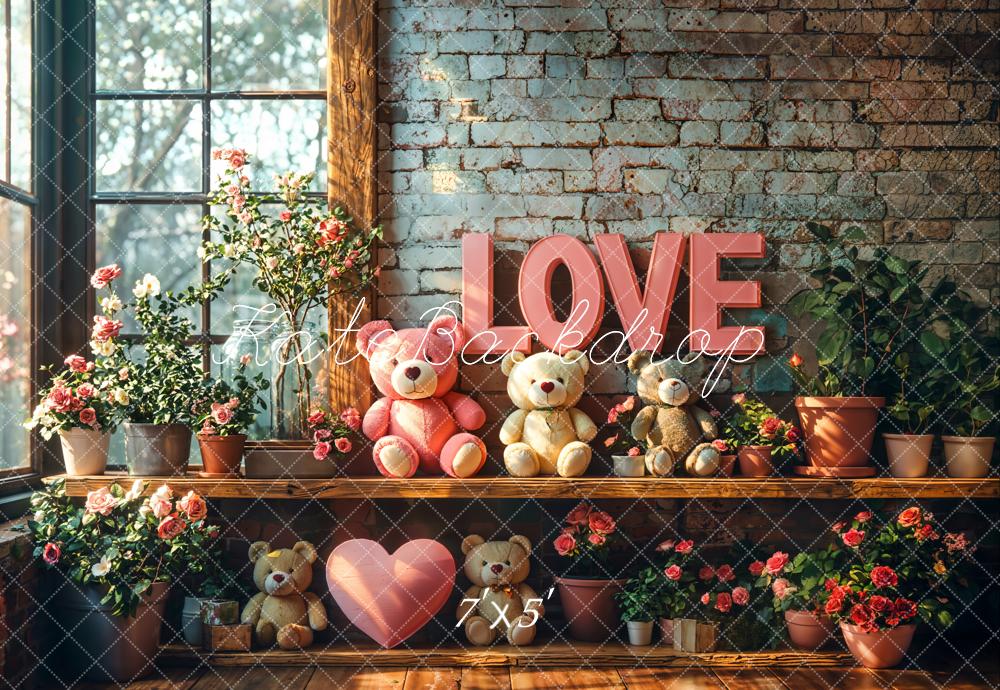 Kate Saint Valentin LOVE Ours en peluche Fleurs Toile de fond conçue par Emetselch - Kate Backdrop FR