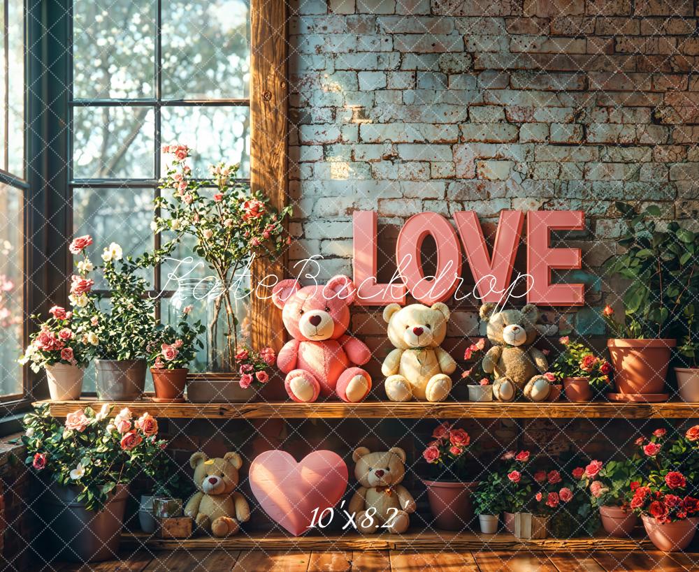 Kate Saint Valentin LOVE Ours en peluche Fleurs Toile de fond conçue par Emetselch - Kate Backdrop FR