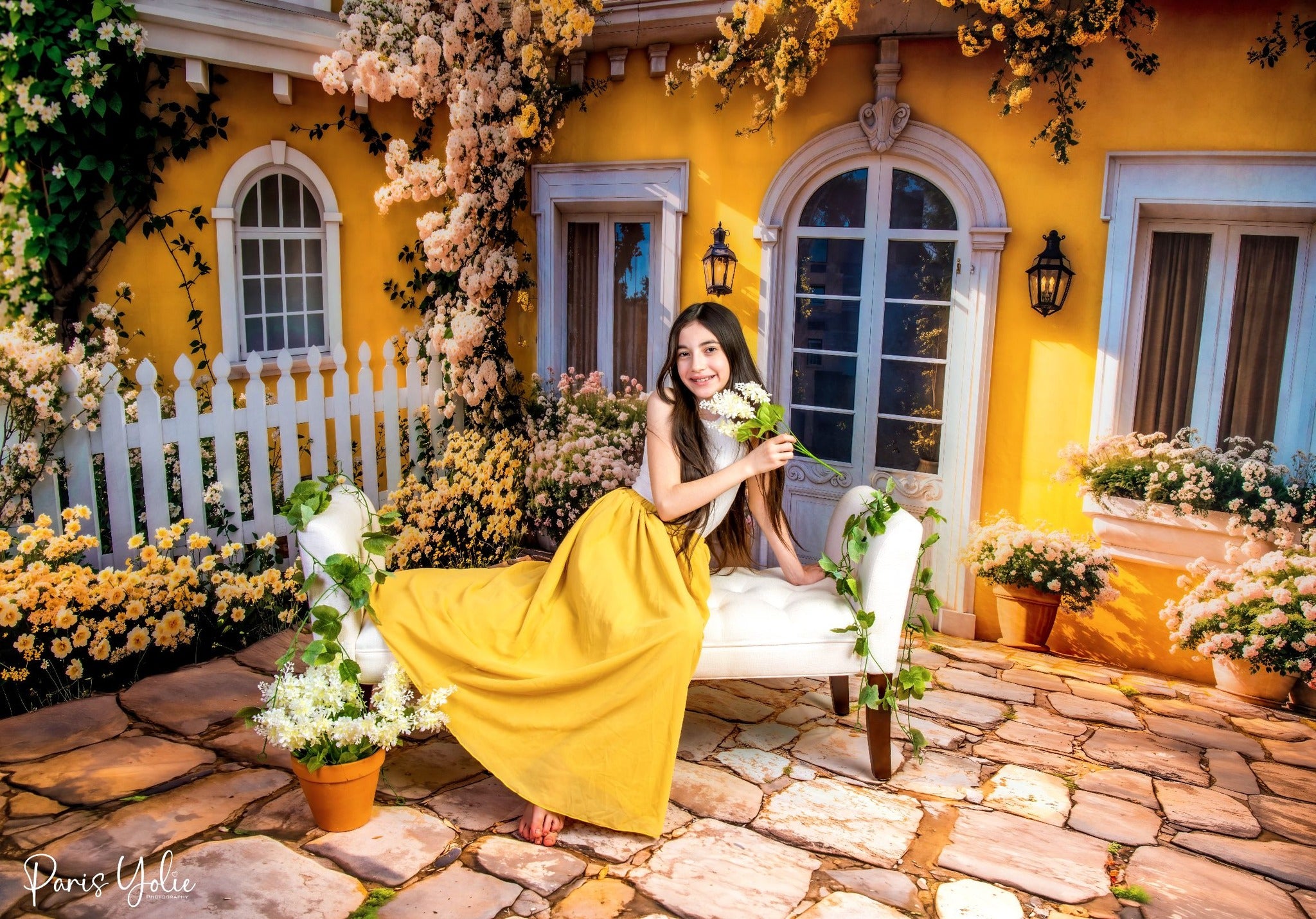 Kate Printemps Jaune Fleurs Maison Porte Ensemble de chambre - Kate Backdrop FR