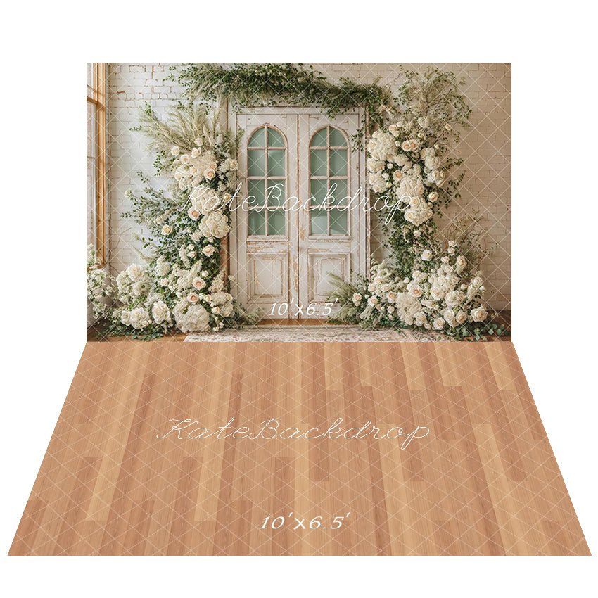 Kate Printemps Mariage Fleurs Porte Toile de fond+Brun clair Beige Plancher en Bois Sol Toile de fond - Kate Backdrop FR