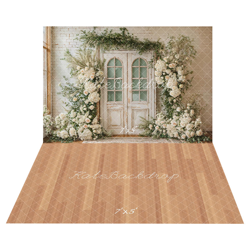 Kate Printemps Mariage Fleurs Porte Toile de fond+Brun clair Beige Plancher en Bois Sol Toile de fond - Kate Backdrop FR