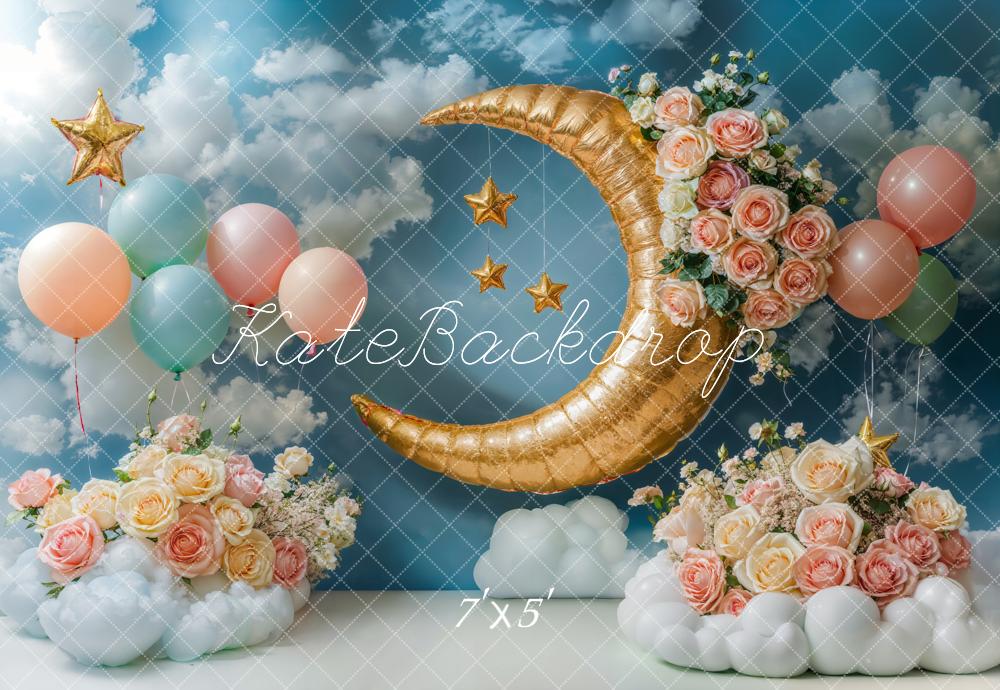 Kate Lune Étoiles Ballons Fleurs Ciel Enfant Toile de fond conçue par Emetselch - Kate Backdrop FR