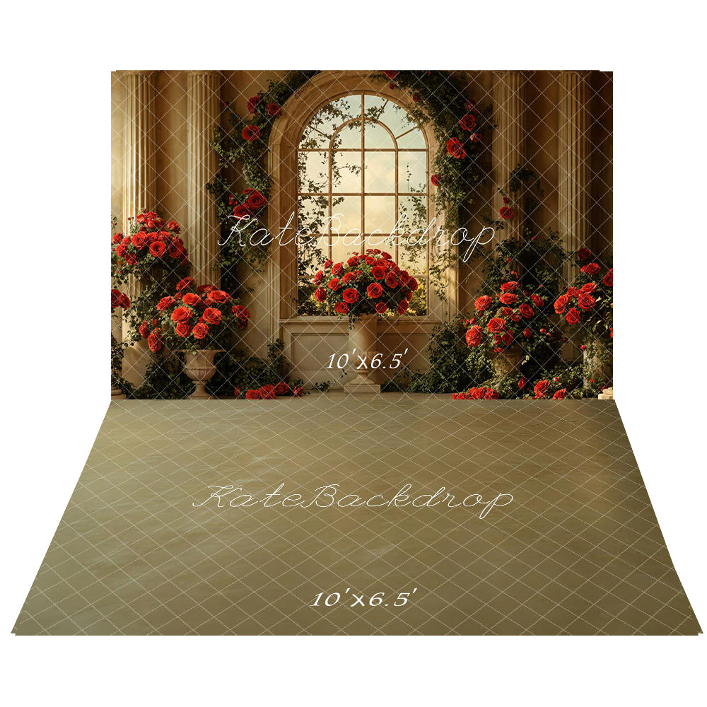 Kate Saint Valentin Vintage Fenêtre Roses Mariage Toile de fond+Vintage Brun Abstrait Sol Toile de fond - Kate Backdrop FR