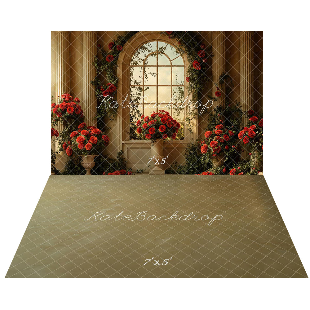 Kate Saint Valentin Vintage Fenêtre Roses Mariage Toile de fond+Vintage Brun Abstrait Sol Toile de fond - Kate Backdrop FR