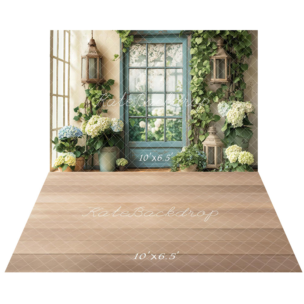 Kate Printemps Fleur Fenêtre Porte Hortensias Toile de fond+Beige Plancher en Bois Sol Toile de fond - Kate Backdrop FR