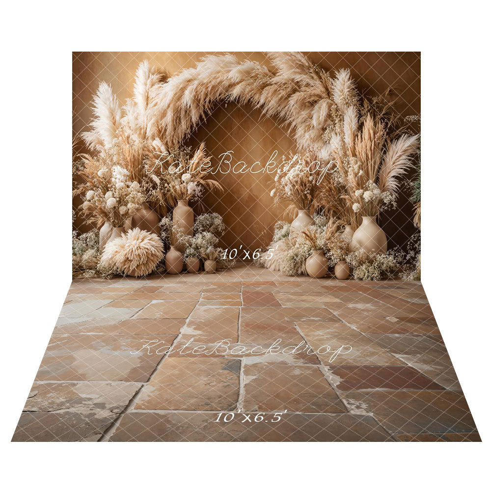 Kate Boho Arche Herbe de la pampa Marron Toile de fond+Vintage Rustique Sol en pierre Toile de fond - Kate Backdrop FR