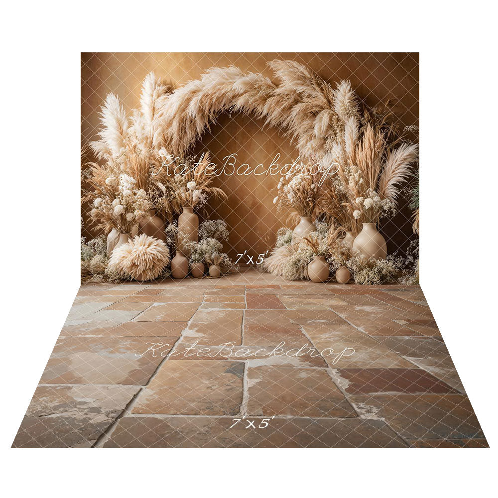 Kate Boho Arche Herbe de la pampa Marron Toile de fond+Vintage Rustique Sol en pierre Toile de fond - Kate Backdrop FR