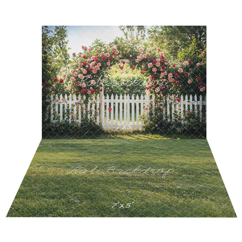 Kate Saint Valentin Arche Fleurs Jardin Clôture Toile de fond+Vert Herbe Soleil Sol Toile de fond - Kate Backdrop FR