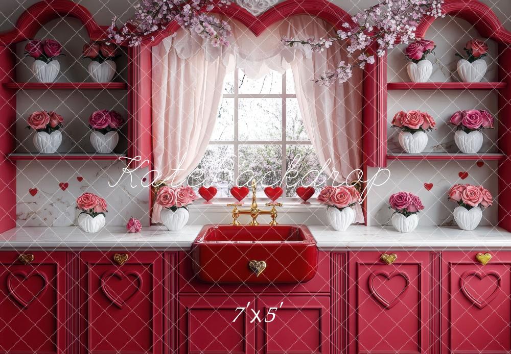 Kate Saint Valentin Cuisine Rouge Roses Toile de fond conçue par Mini MakeBelieve - Kate Backdrop FR