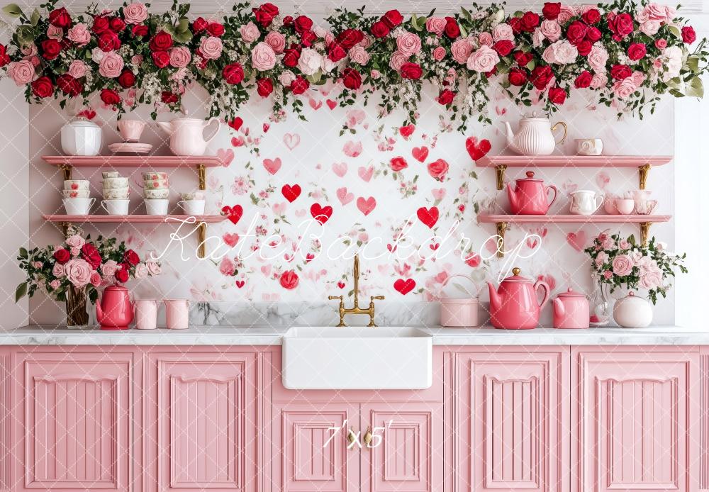PROMO Kate Saint Valentin Cuisine Fleurs Rose Toile de fond conçue par Patty Robert - Kate Backdrop FR