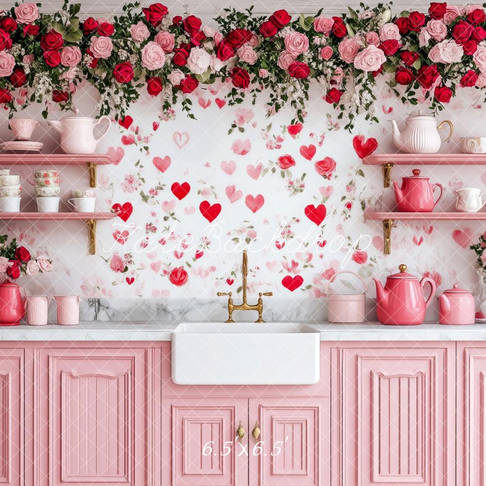 PROMO Kate Saint Valentin Cuisine Fleurs Rose Toile de fond conçue par Patty Robert - Kate Backdrop FR