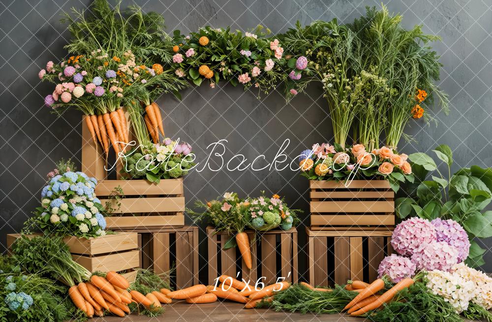 Kate Pâques Fleurs Carottes Légumes Bois Toile de fond conçue par Emetselch - Kate Backdrop FR