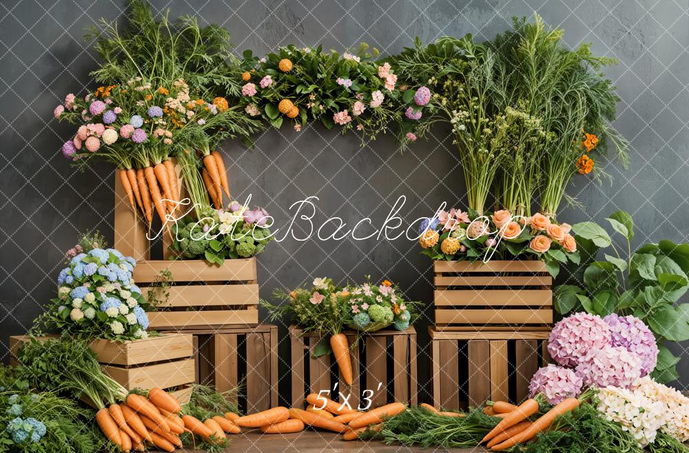 Kate Pâques Fleurs Carottes Légumes Bois Toile de fond conçue par Emetselch - Kate Backdrop FR