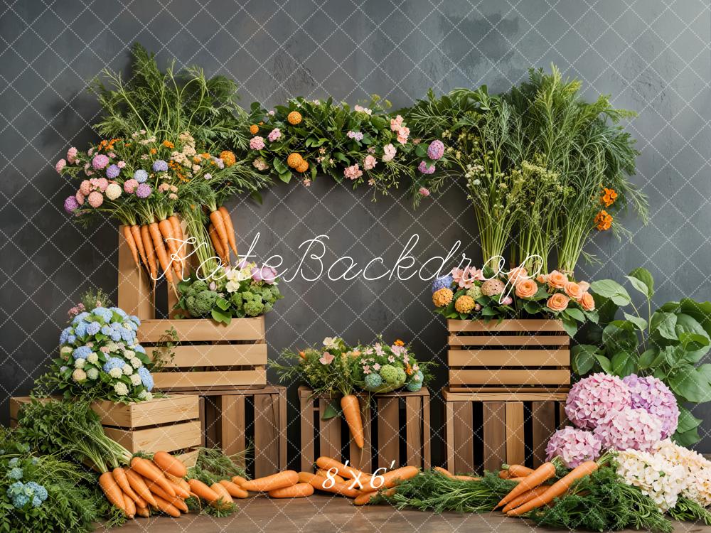 Kate Pâques Fleurs Carottes Légumes Bois Toile de fond conçue par Emetselch - Kate Backdrop FR