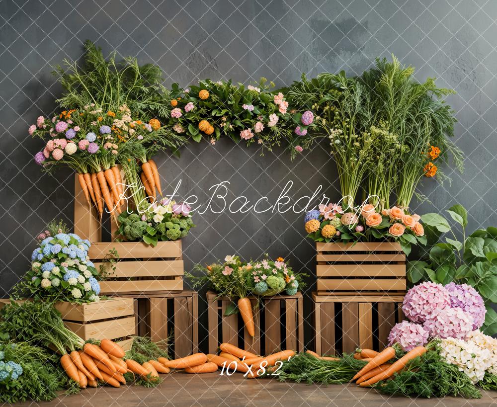 Kate Pâques Fleurs Carottes Légumes Bois Toile de fond conçue par Emetselch - Kate Backdrop FR