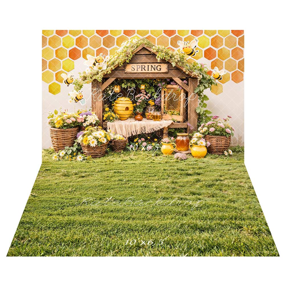 Kate Printemps Abeille Nid d'abeille Fleurs Toile de fond+Printemps Vert Herbe Champ Sol Toile de fond - Kate Backdrop FR