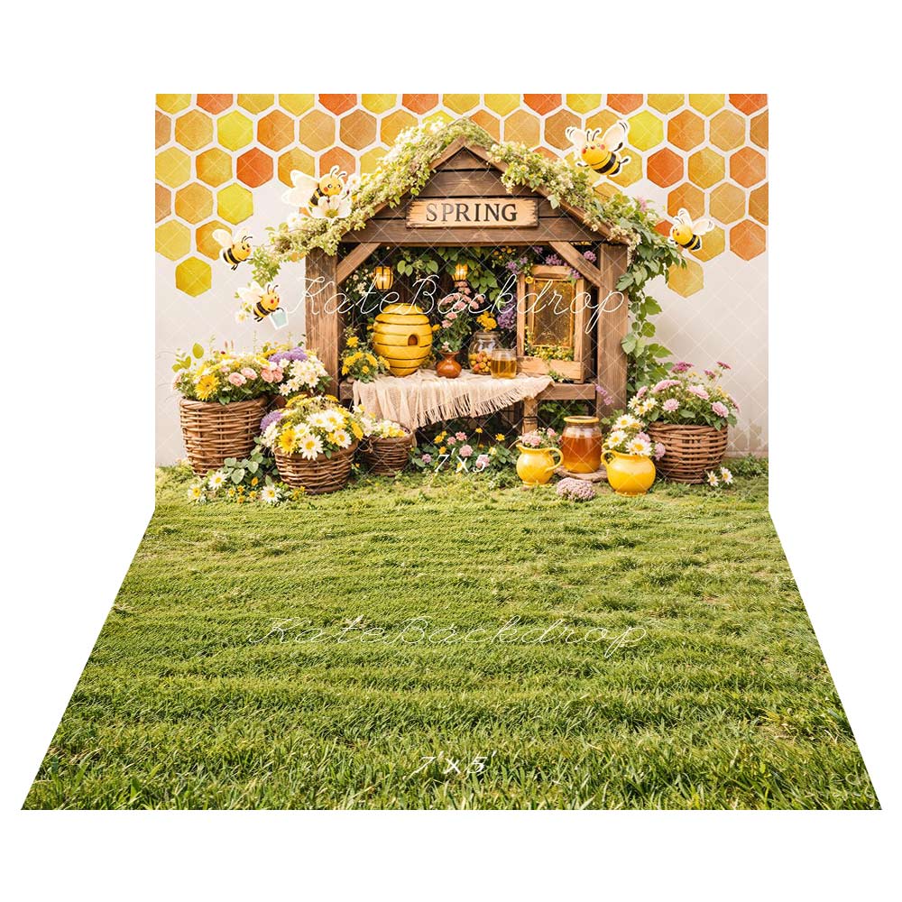 Kate Printemps Abeille Nid d'abeille Fleurs Toile de fond+Printemps Vert Herbe Champ Sol Toile de fond - Kate Backdrop FR