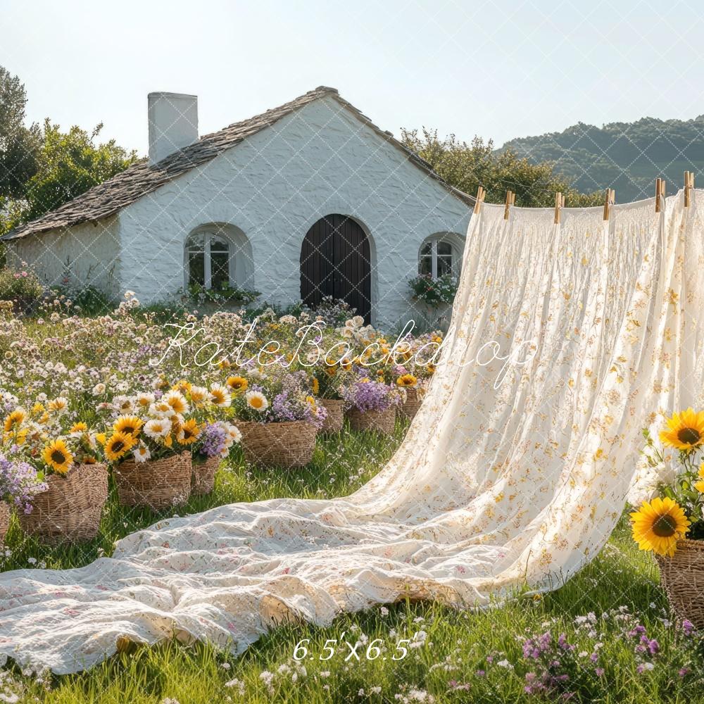 Kate Drap Maison Jardin Tournesols Prairie Toile de fond conçue par Mini MakeBelieve - Kate Backdrop FR