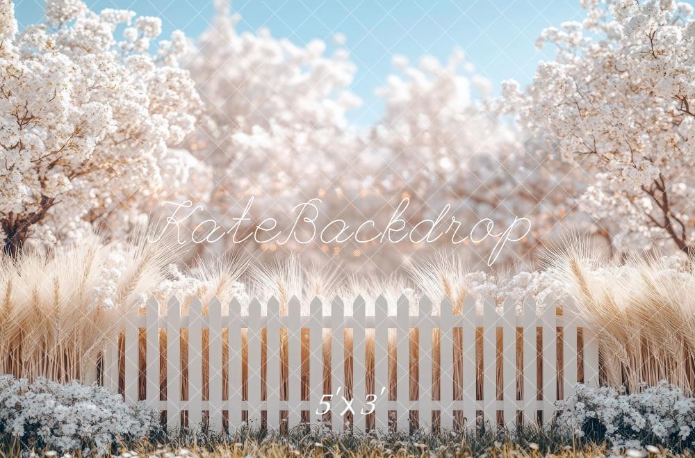 Kate Printemps Fleurs Blanc Clôture Jardin Toile de fond conçue par Mini MakeBelieve - Kate Backdrop FR