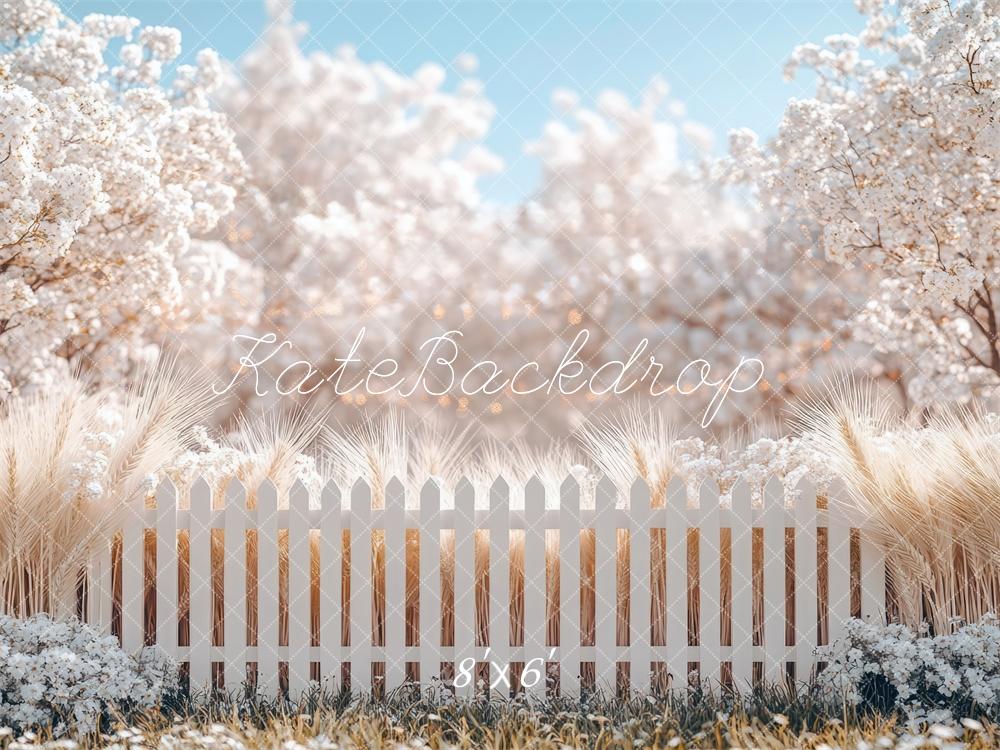 Kate Printemps Fleurs Blanc Clôture Jardin Toile de fond conçue par Mini MakeBelieve - Kate Backdrop FR