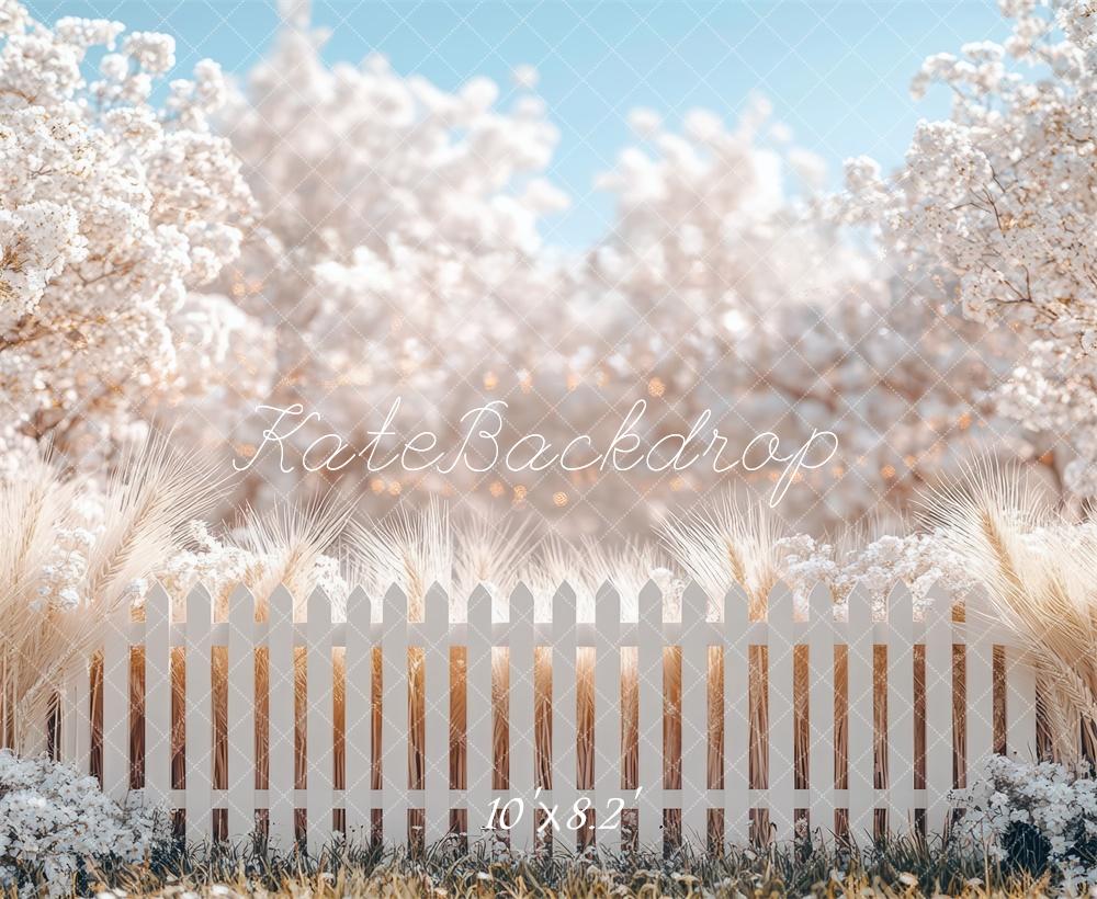 Kate Printemps Fleurs Blanc Clôture Jardin Toile de fond conçue par Mini MakeBelieve - Kate Backdrop FR