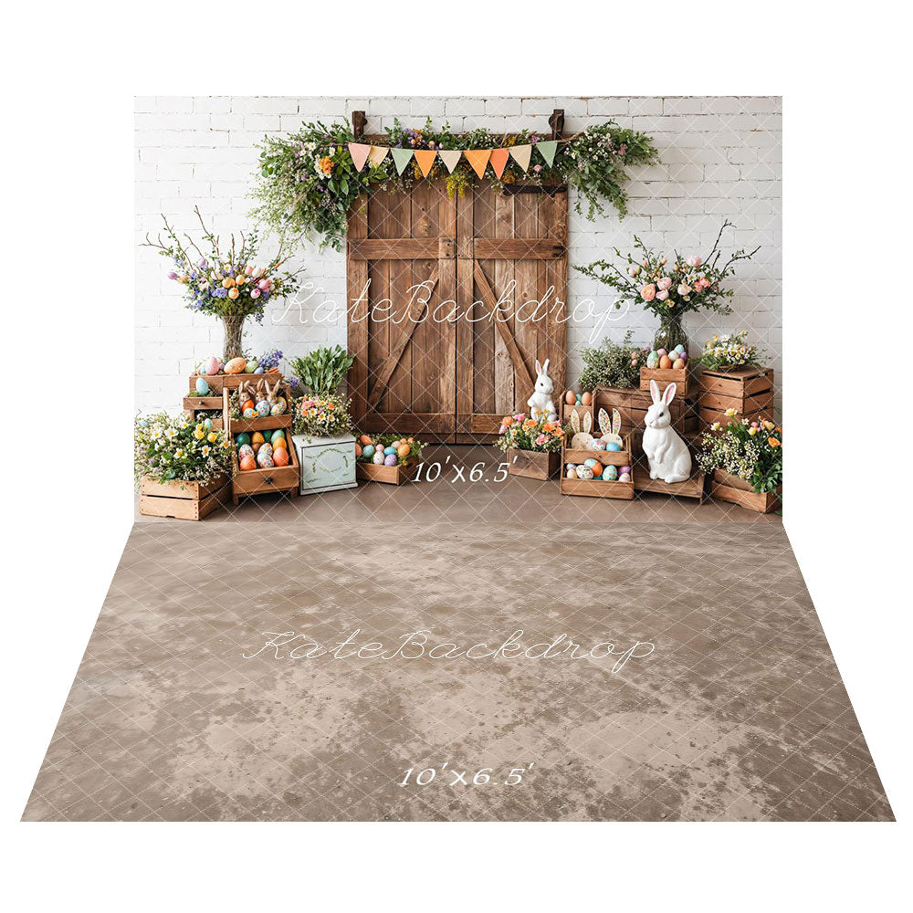 Kate Pâques Grange Porte Lapin Fleurs Toile de fond+Abstrait Beige Marron Clair Sol Toile de fond - Kate Backdrop FR