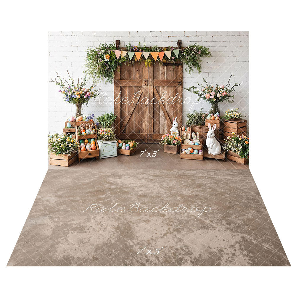Kate Pâques Grange Porte Lapin Fleurs Toile de fond+Abstrait Beige Marron Clair Sol Toile de fond - Kate Backdrop FR