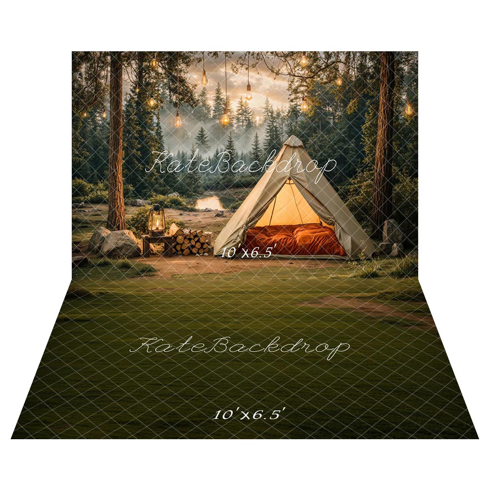 Kate Camping Forêt Tente Lumières Toile de fond+Champ Prairie Vert Sol Toile de fond - Kate Backdrop FR