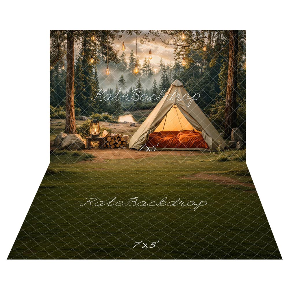 Kate Camping Forêt Tente Lumières Toile de fond+Champ Prairie Vert Sol Toile de fond - Kate Backdrop FR