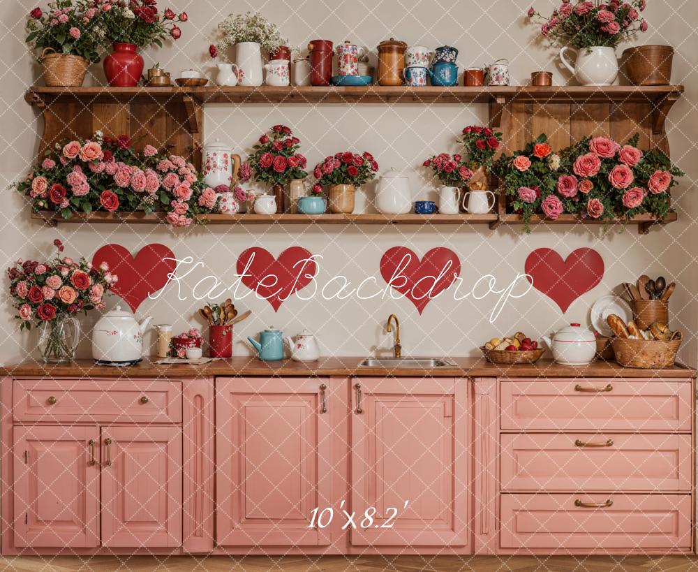Kate Saint Valentin Cuisine Fleurs Rouge Cœur Toile de fond conçue par Emetselch - Kate Backdrop FR