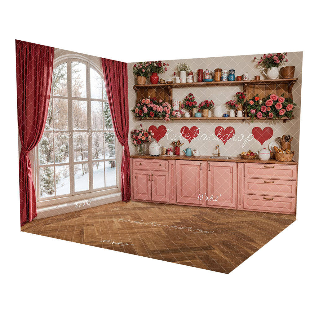 Kate Saint Valentin Cuisine Fleurs Rouge Fenêtre Ensemble de chambre - Kate Backdrop FR