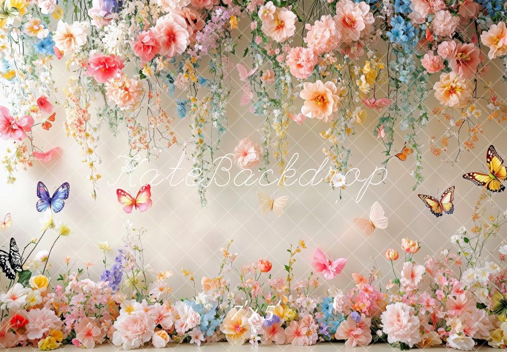 Kate Printemps Fleurs Papillon Mur Blanc Toile de fond conçue par Patty Roberts - Kate Backdrop FR