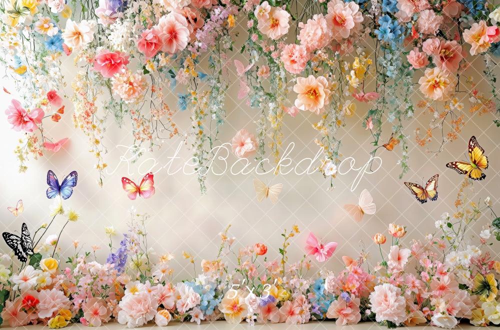 Kate Printemps Fleurs Papillon Mur Blanc Toile de fond conçue par Patty Roberts - Kate Backdrop FR