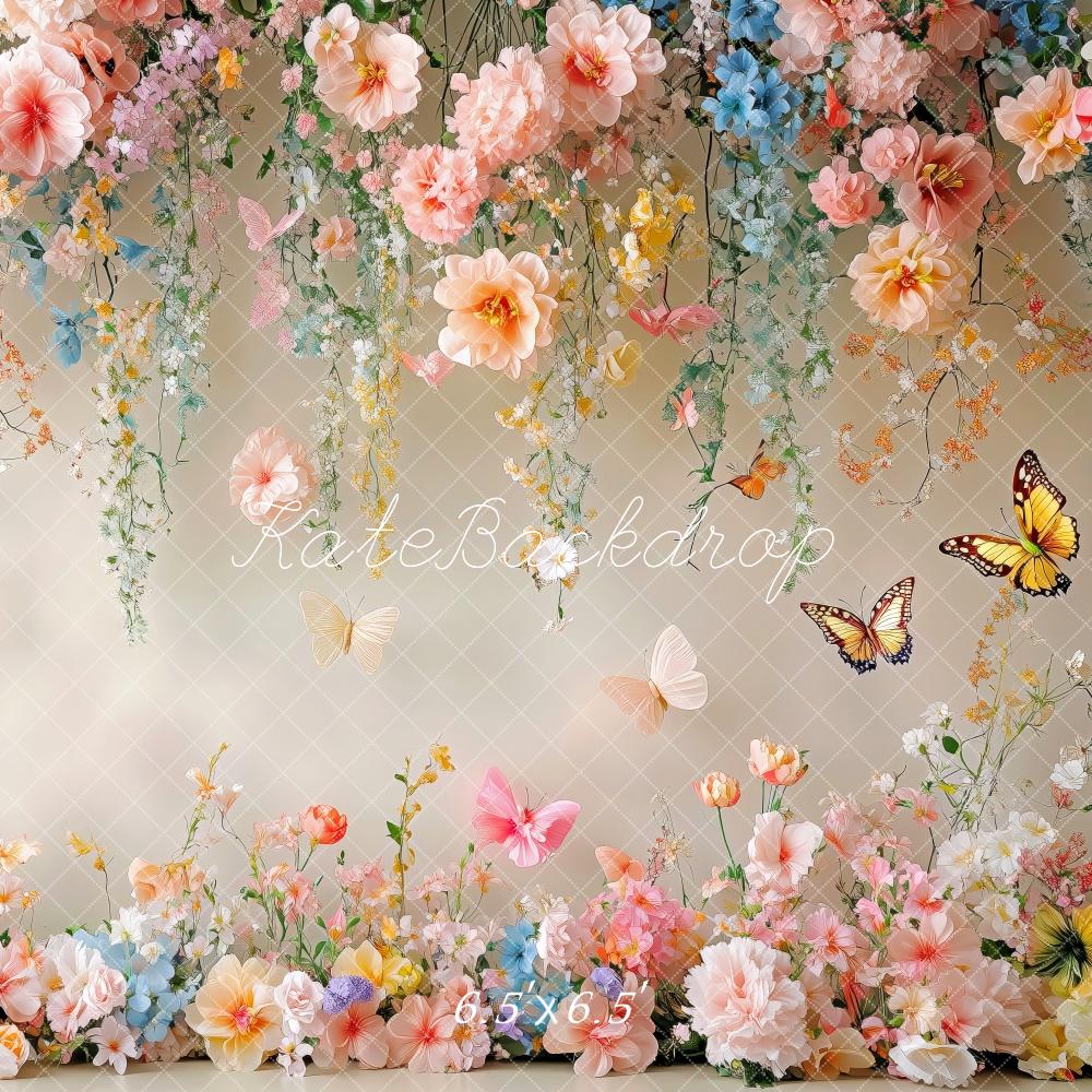 Kate Printemps Fleurs Papillon Mur Blanc Toile de fond conçue par Patty Roberts - Kate Backdrop FR