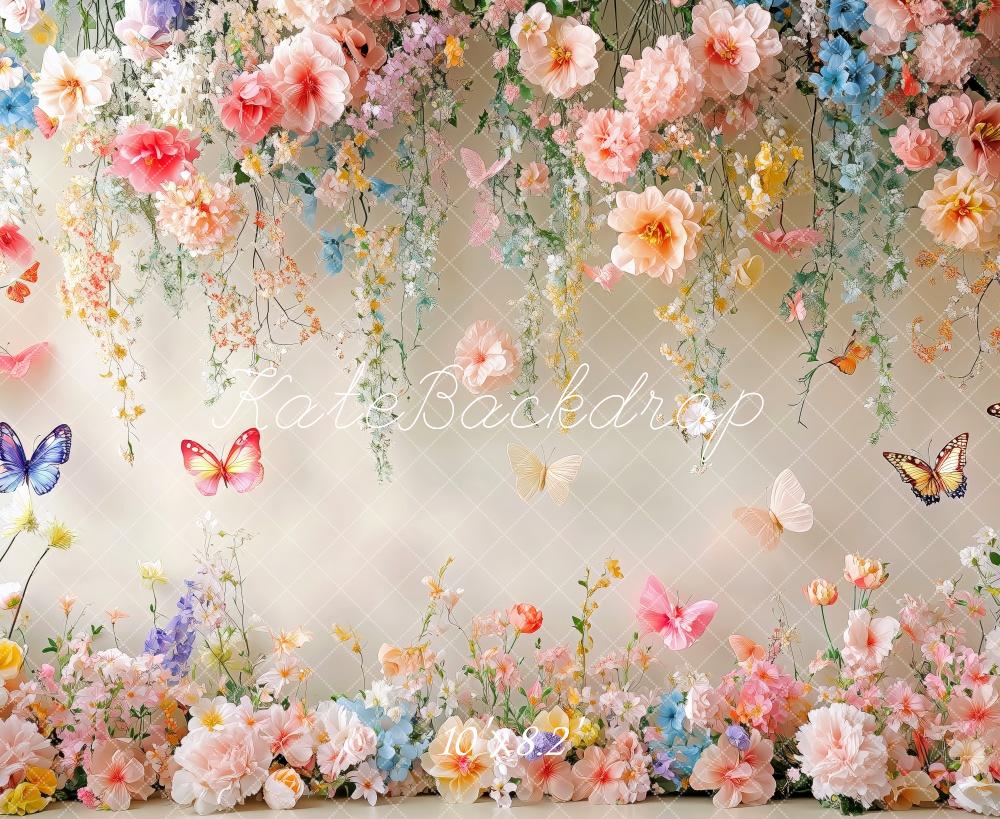 Kate Printemps Fleurs Papillon Mur Blanc Toile de fond conçue par Patty Roberts - Kate Backdrop FR