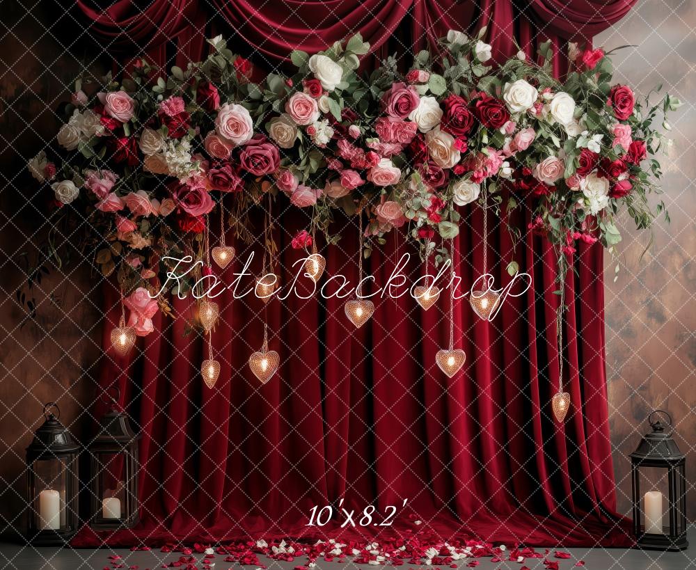 Kate Saint Valentin Floral Mariage Roses Rideau Toile de fond conçue par Patty Roberts - Kate Backdrop FR