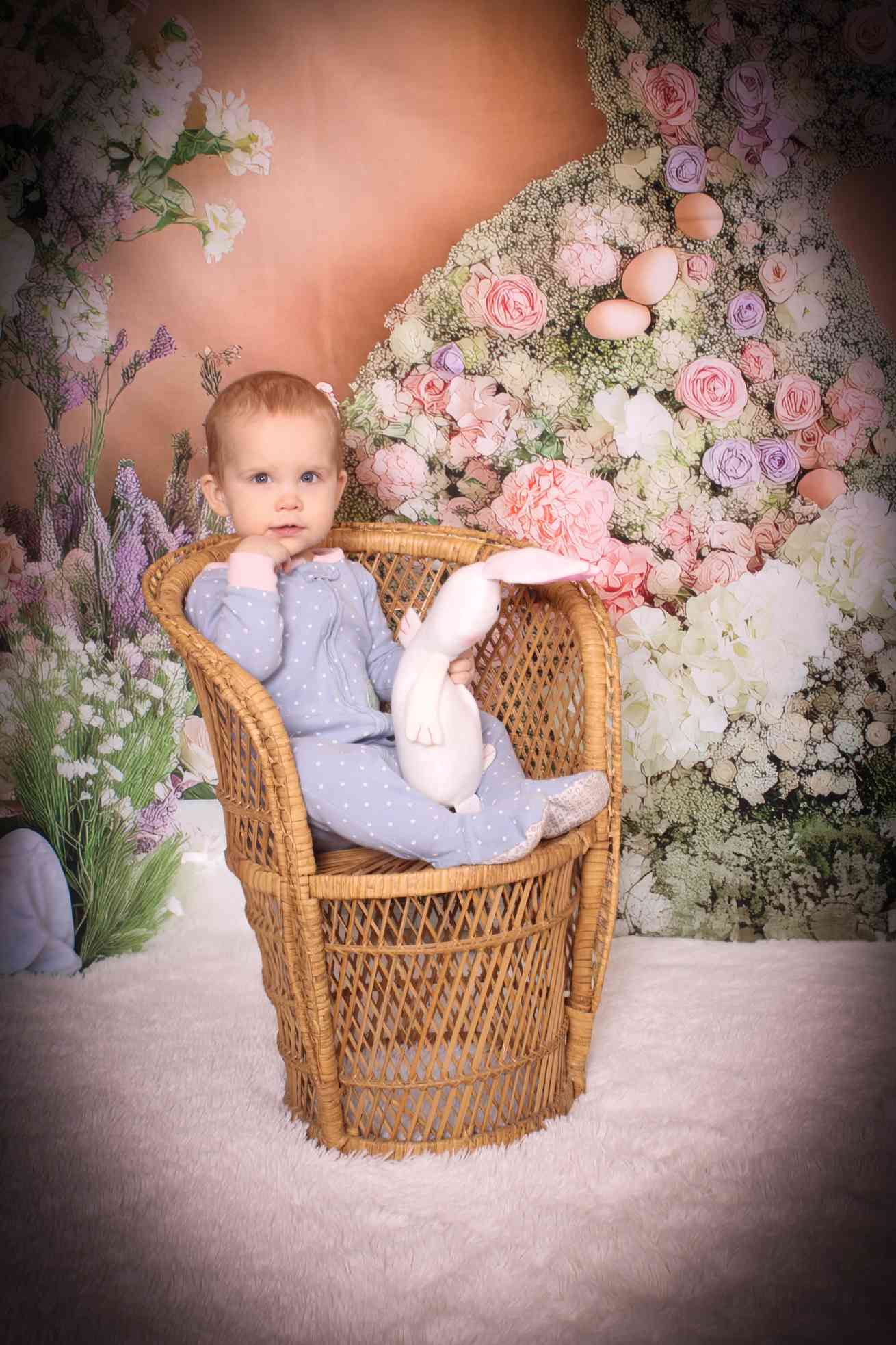 Kate Pâques Lapin Fleurs Rose Jardin Toile de fond conçue par Patty Roberts - Kate Backdrop FR