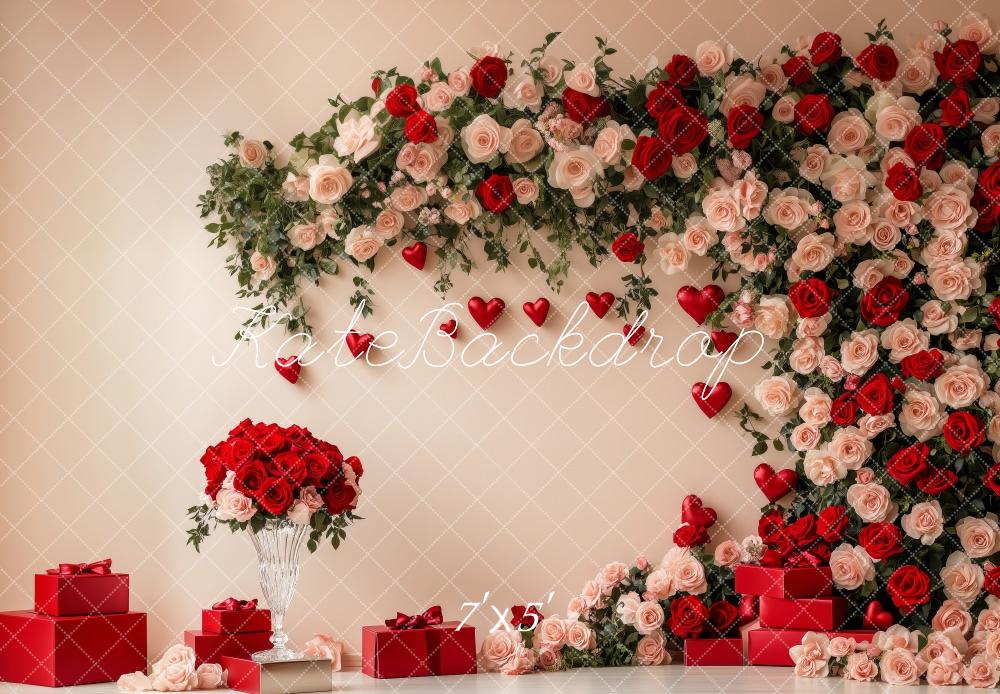 Kate Saint Valentin Roses Rouge Beige Cadeau Toile de fond conçue par Patty Roberts - Kate Backdrop FR