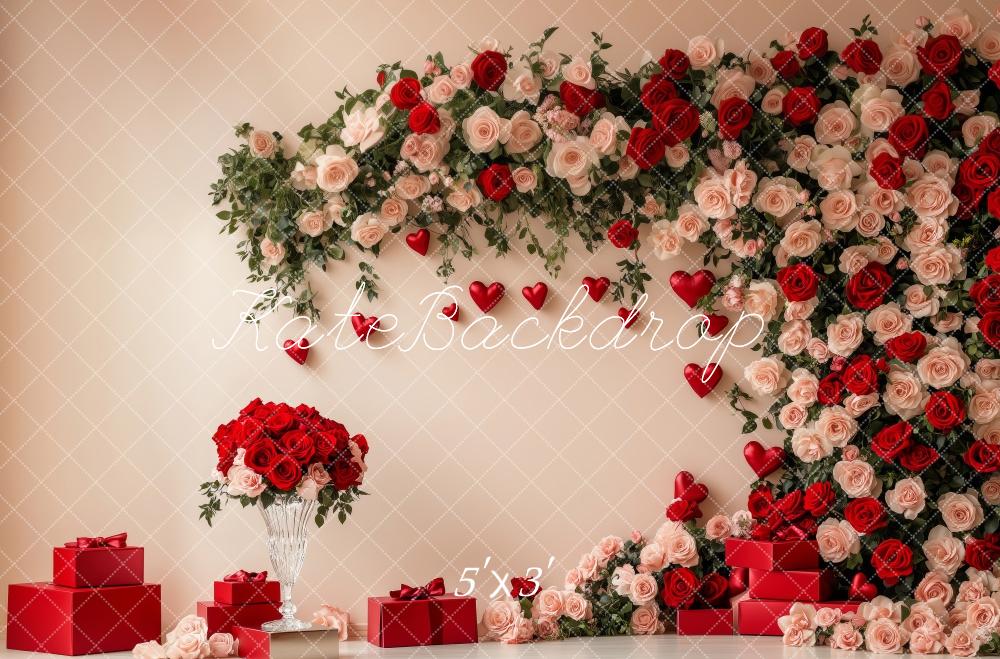 Kate Saint Valentin Roses Rouge Beige Cadeau Toile de fond conçue par Patty Roberts - Kate Backdrop FR