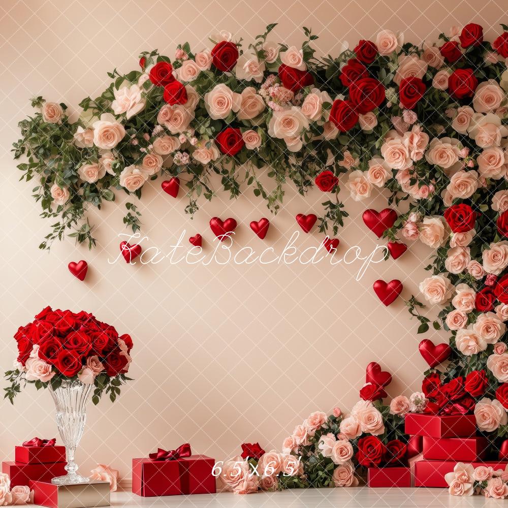Kate Saint Valentin Roses Rouge Beige Cadeau Toile de fond conçue par Patty Roberts - Kate Backdrop FR