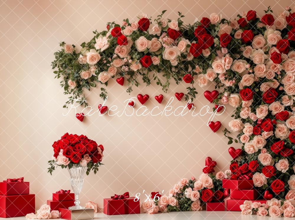 Kate Saint Valentin Roses Rouge Beige Cadeau Toile de fond conçue par Patty Roberts - Kate Backdrop FR