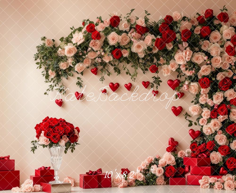Kate Saint Valentin Roses Rouge Beige Cadeau Toile de fond conçue par Patty Roberts - Kate Backdrop FR