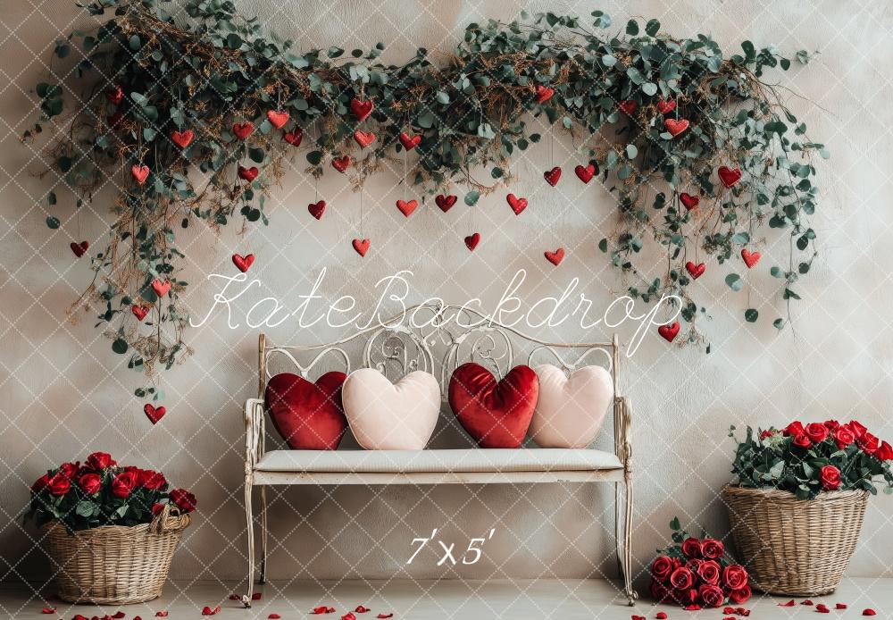Kate Saint Valentin Coeur Fleur Banc Toile de fond conçue par Patty Roberts - Kate Backdrop FR