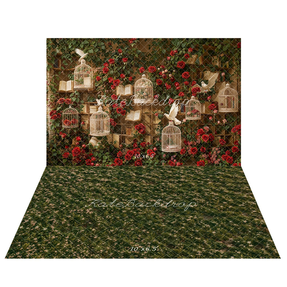 Kate Saint Valentin Roses Cage à oiseaux Toile de fond+Printemps Floral Prairie Sol Toile de fond - Kate Backdrop FR