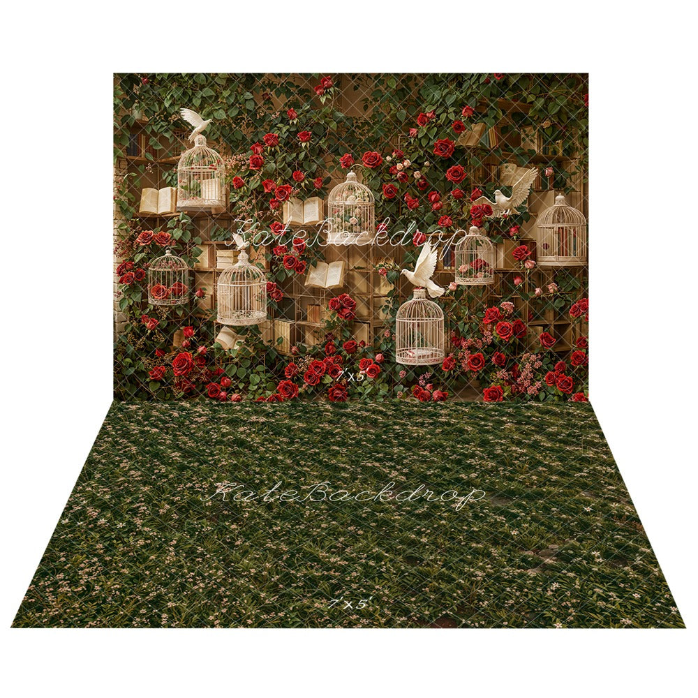 Kate Saint Valentin Roses Cage à oiseaux Toile de fond+Printemps Floral Prairie Sol Toile de fond - Kate Backdrop FR