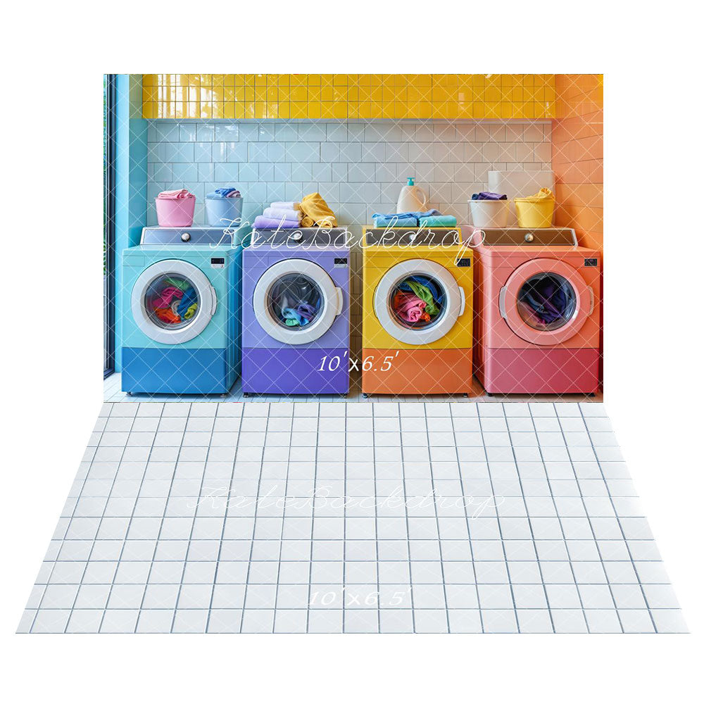 Kate Buanderie Coloré Machine à laver Toile de fond+Carrelage Blanc Sol Toile de fond - Kate Backdrop FR
