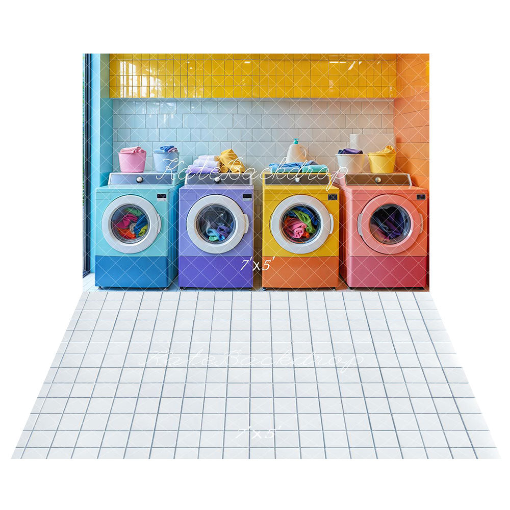 Kate Buanderie Coloré Machine à laver Toile de fond+Carrelage Blanc Sol Toile de fond - Kate Backdrop FR