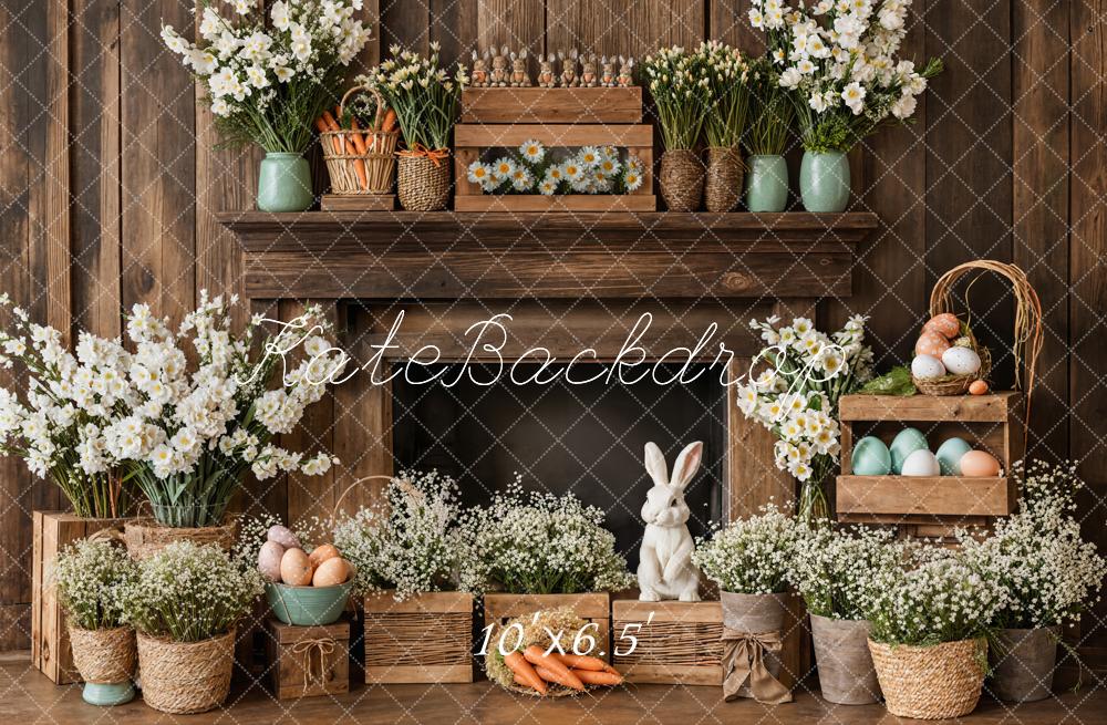 Kate Pâques Cheminée Lapin Rustique Floral Toile de fond conçue par Emetselch - Kate Backdrop FR